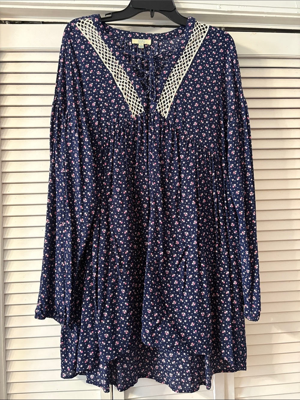 Kori Navy Floral Tunic with White Crochet Yoke and Pink Accents